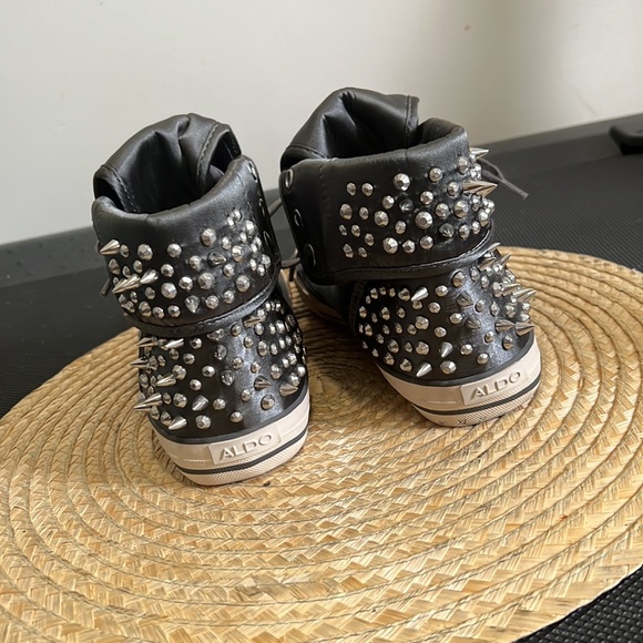 Aldo Silver Spikes Studs Satin High Top Canvas Sneakers Size 6 - Picture 7 of 12